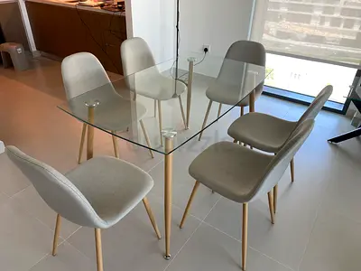 Modern Glass Top Dining Table with 6 Grey Fabric Chairs