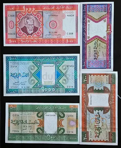 Mauritania , 5 Banknotes Set, 1989 to 2002 / All UNC