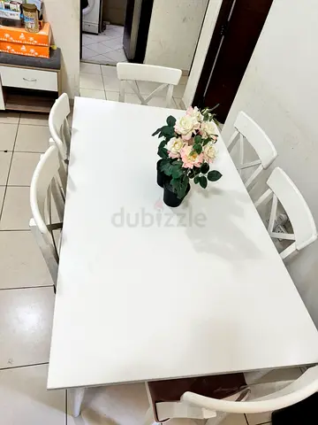 White 6-Seater Dining Table with Chairs - Good Condition