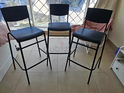 Set of 3 Black Bar Stools — Metal Frame, Good Condition