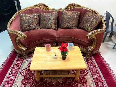 Antique-style carved 3-seater sofa , coffee table with matching cushions and red area rug