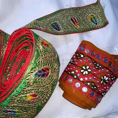 Embellished Indian Embroidery Trim Ribbon Set (Green  Pink) - Decorative Border