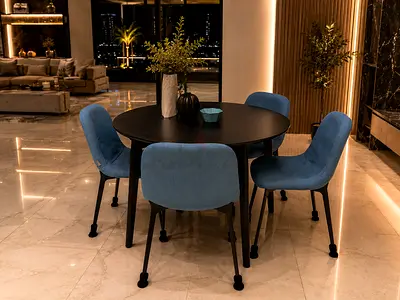 Luxury Modern Round Dining Table Set | 4 Designer Blue Chairs | Scandinavian Style with 2 y warranty