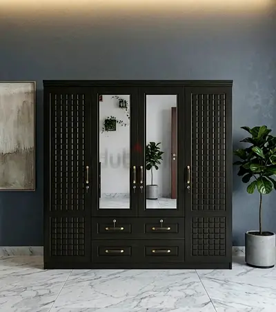 Dark Wood 4-Door Wardrobe with Mirrors and Drawers - Brand new