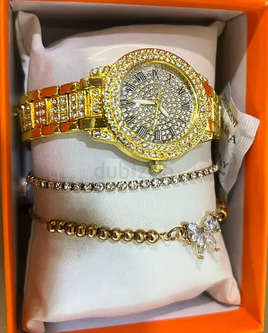 Gold-tone Crystal Womens Watch with Two Matching Bracelets - BRAND NEW with box perfect for Gifts