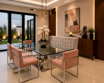 Marina Home Glass Dining Table with Upholstered Pink Chairs and Bench  Modern Set