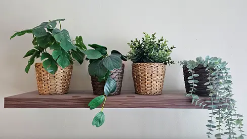 Set of 4 Decorative Potted Artificial Plants on Wooden Shelf