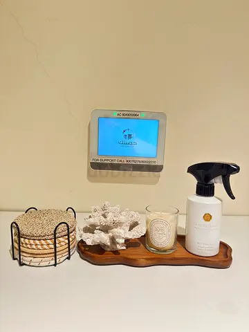 Set of bathroom/home decor accessories with soap dispenser, candle and coasters