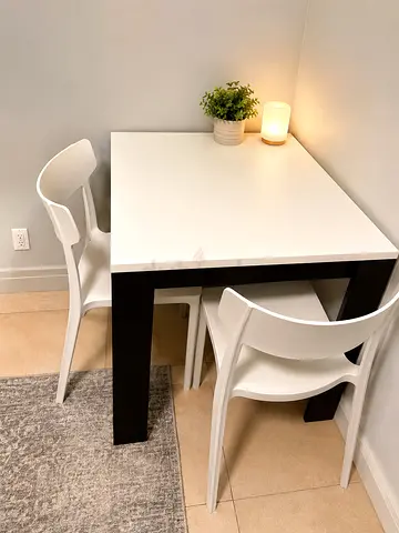 Compact White Square Dining Table with Two Chairs - Excellent Condition