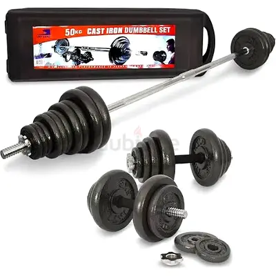 Bench + Skyland 50kg Cast Iron Dumbbell and Barbell Set with Carrying Case ( negotiable)
