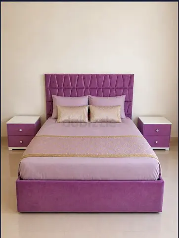 Purple Upholstered Bed Frame with Matching Nightstands