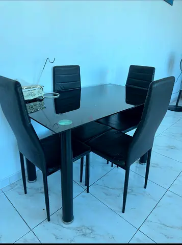 Glass Top Dining Table with 4 Black Leather Chairs - Compact Set