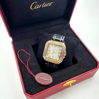 Cartier Santos Stainless Steel  Gold Mens Watch with Box