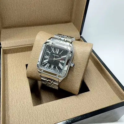 Cartier-style Stainless Steel Mens Watch with Black Roman Dial