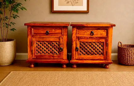 Pair of Solid Wood Nightstands with Lattice Doors - Rustic Finish