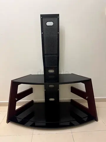 Corner TV Stand with Glass Shelves and Wooden Accent - Good Condition