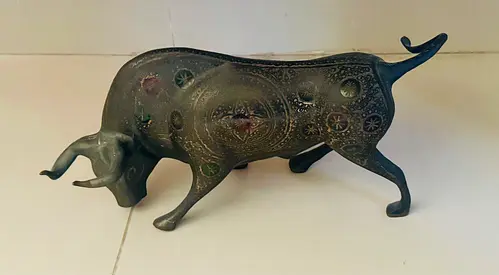 Vintage hand crafted ornate brass charging bull