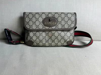 Gucci GG Supreme Crossbody/ Waist Bag — Beige Brown with Web Strap