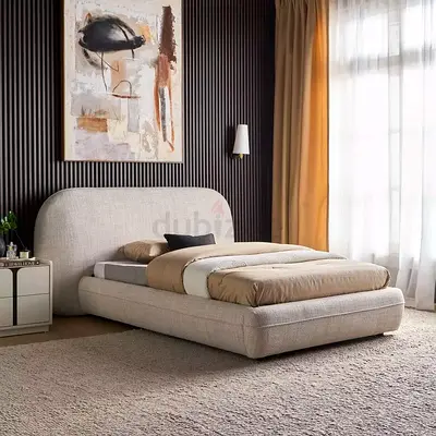 Linen upholstered wide curved headboard twin bed