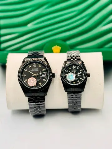 Pair of Black Stainless Steel Rolex-style His  Hers Watches with Diamond Markers