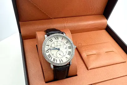 Cartier-style Men’s Leather Strap Watch with Diamond Bezel (Pre-owned)