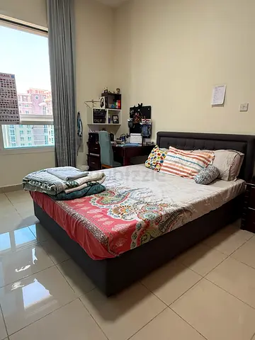 Queen upholstered platform bed without storage (good condition) (Mattress free)