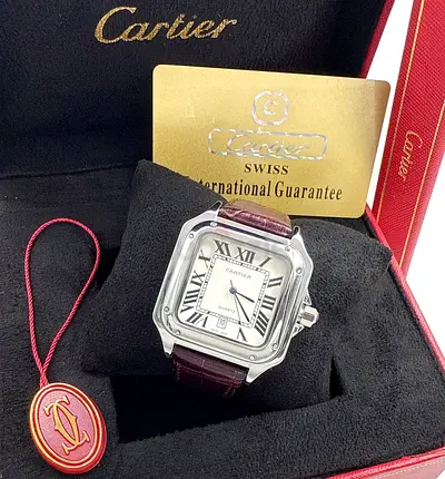 Cartier Santos-style mens watch with leather strap, box and guarantee card