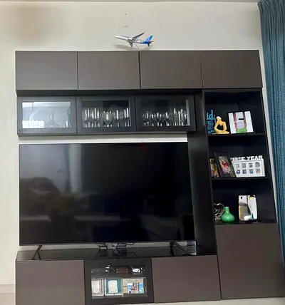 Dark Brown Wall-Mounted Entertainment Unit with Glass Display Cabinets