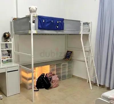 IKEA White Metal Loft Bed with Ladder and Storage Space - Good Condition