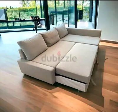 Light Beige Convertible Sofa Bed with Storage - Good Condition