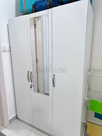 White 3-Door Wardrobe with Mirror - Good Condition