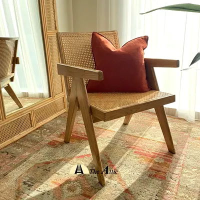 Pair of Solid Wood Rattan Lounge Chair with Cushion - Light Oak Finish