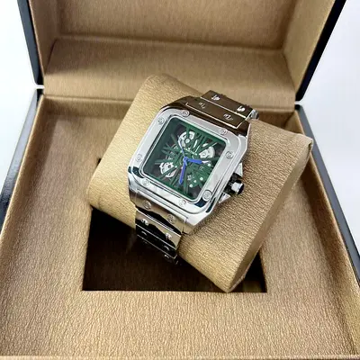 Mens Stainless Steel Skeleton Dial Watch — Automatic, Square Case