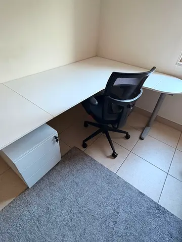 Modern White Corner Desk Setup Desk + Drawer Cabinet + Office Chair