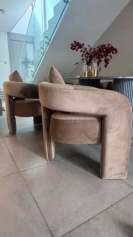 Modern Velvet Armchairs with Matching Cushions and marble table
