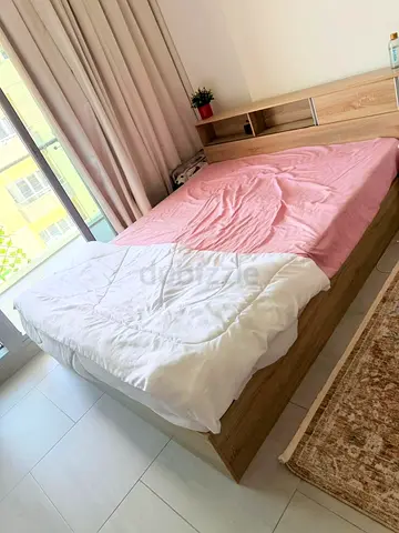 Queen wooden bed frame with headboard storage and mattress