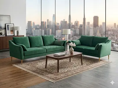 Green Velvet 3-Seater Sofa Set with Matching Loveseat - Good Condition