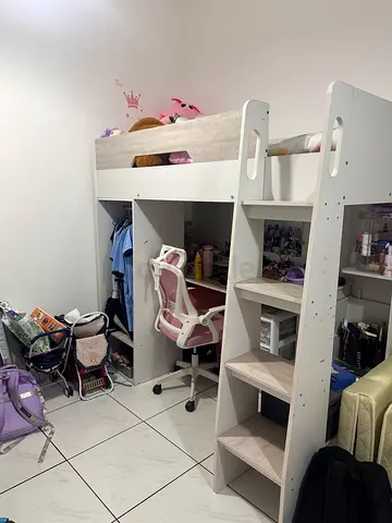 White Wooden bed / Loft Bed with Storage Shelves - Desk -Good Condition