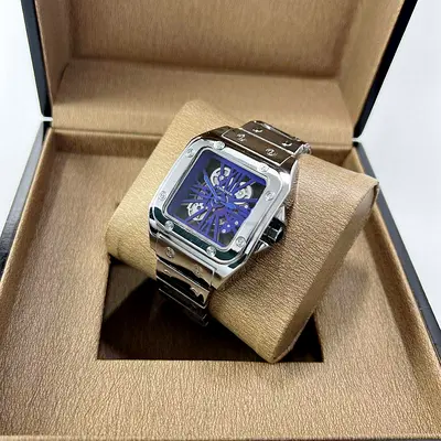 Mens Stainless Steel Skeleton Dial Watch with Bracelet Strap