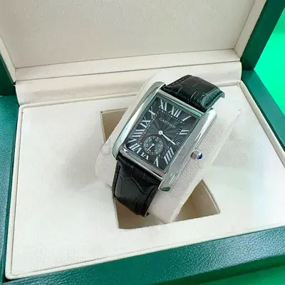 Cartier Tank-style Mens Watch with Black Leather Strap