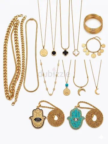 Mixed lot of gold-tone necklaces and pendants, bracelets and bangles — 12+ pieces