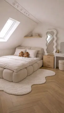 Cozy neutral bedroom set with plush bed, rug and bedside table