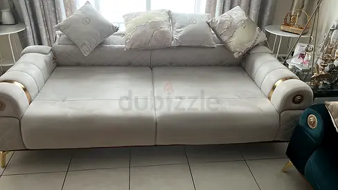 Light grey 3-seater velvet sofa bed with gold accents - good condition Versace design