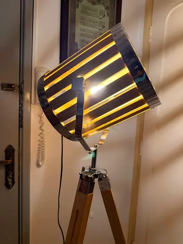 Wooden Tripod Floor Lamp with Slatted Shade