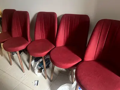 Set of 5 Burgundy Upholstered Dining Chairs with Wooden Legs