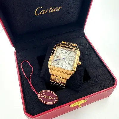 Cartier Santos-style Gold Tone Mens Watch with Box