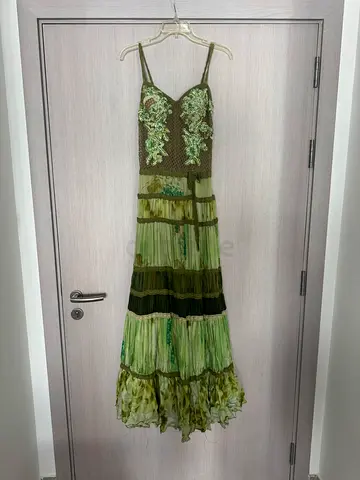 Green tiered embroidered maxi dress, size unknown