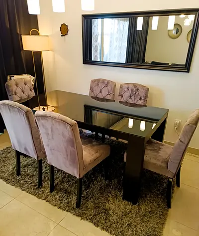 Modern Black Glass Dining Table with 6 Velvet Chairs - Good Condition