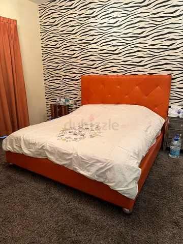 Orange Upholstered Queen Bed with Headboard