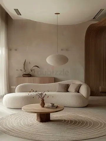 Modern Curved Cream Sofa with Round Wood Coffee Table Set